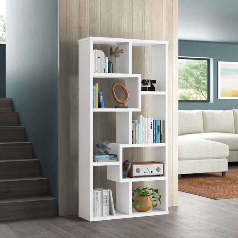 Ten-shelf geometric bookcase perfect for any modern living room or hallway