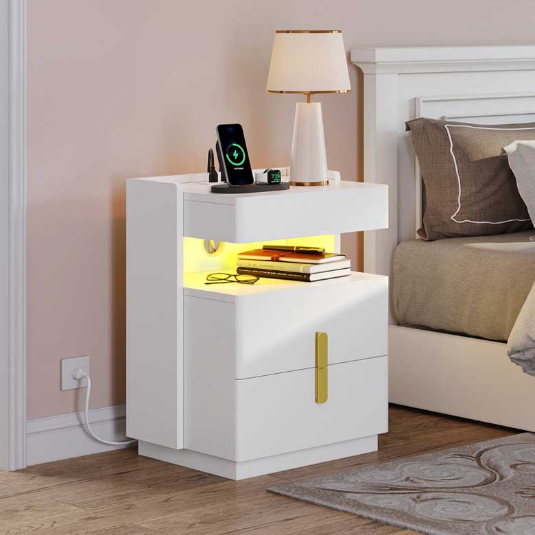 Modern White 2-Drawers Nightstand with Charging Station & LED Lights for sale