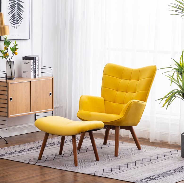 Yellow Velvet Armchair with Ottoman