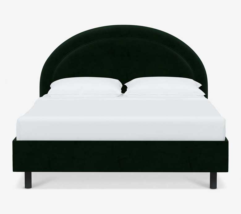 Velvet bed frame with arched headboard, available in Full, Queen, King and California King sizes