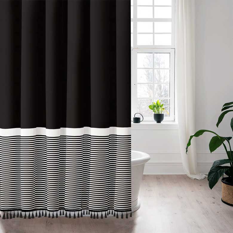 100% Cotton white and black shower curtain with Tassels for Bathroom Decor | Modern shower curtain - black with stripe design