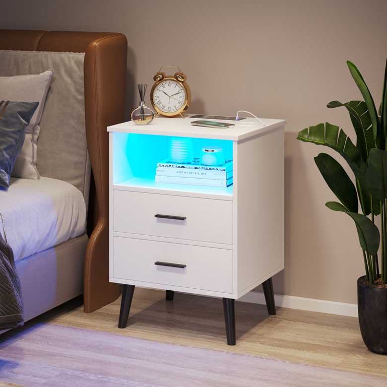 Modern White Nightstand With Led Lights And USB Ports, perfect for bedroom, kids' room or guest room