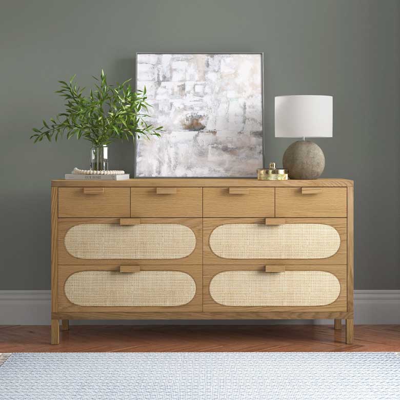 Wood dresser with cane drawers - this 8-drawer dresser is perfect for an organized bedroom